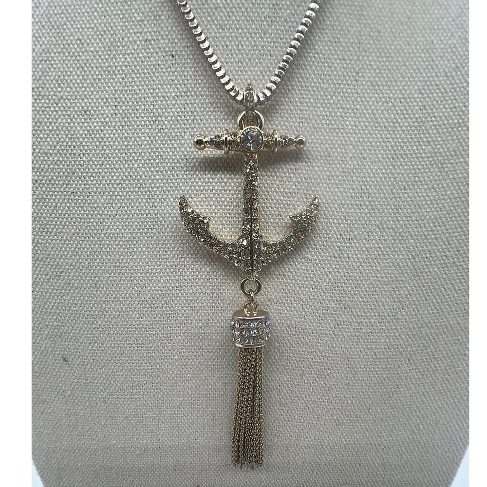 Bella Jack Anchor Pendant Necklace Nautical Boho Glam Gold Rhinestone OS
